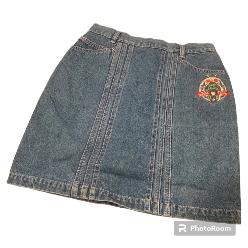 H20 Fashion Co Denim Skirt with Pink Stitching & Embroidered Crest Design